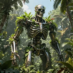 giant metal skeleton in jungle covered in plants, photorealistic, unreal render, highly detailed