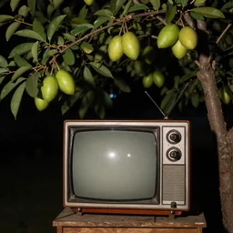 a tree with old television fruit at night