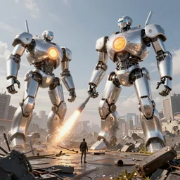 squad of giant shining silver on sun robots, shoot missiles on battlefield, ruined city environment, render, ray tracing, jakub rozalski art style, artstation,