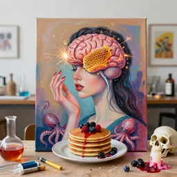 a women holding an electronic brain, sparks, honeycomb, organic, femme, a portrait in a female art student's apartment, pancakes, berries, octopus, surgical supplies, skull, scientific glassware, cheerios, art materials, candle dripping wax, berry juice drips, neo - expressionism, surrealism, acrylic and spray paint and oilstick on canvas