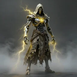 character design, biomechanical arcanist, tattered robe and hood, yellow lightning, fog, scary, arrogant, hostile, photorealistic, cinematic, hyper realistic, octane render, 8 k, full shot