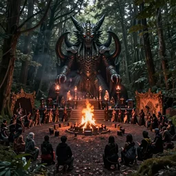 detailed ultrarealistic photography of dark ritual in the forest, cthulhu statue, dark altar, crowd of cultists, ritual bonfire, festival, concert, burningman, cinematic, full shot, symmetric