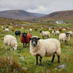 multicolored sheep in irish landscape, oil painting