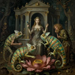 strange entanglement of chameleons in the temple of the flower god, by dave dorman hieronymus bosch, cyril rolando, esher and natalie shau, whimsical, profound, impossible, dark, atmospheric, brooding, digital painting, intricate.