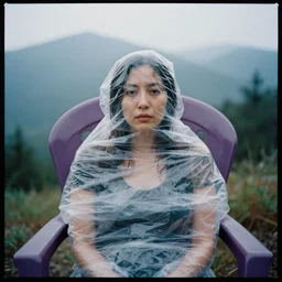 a color photograph, closeup portrait of a woman wrapped in plastic, sitting in a plastic throne, in smokey mountains national park, color photograph, by vincent desiderio, canon eos c 3 0 0, ƒ 1. 8, 3 5 mm, 8 k, medium - format print