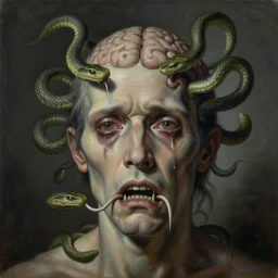 a painting of a decapitated distressed man's aged face and teary eyes with biting serpents swarming out of his exposed brain, a surrealist painting, polycount, surrealism, surrealist, lovecraftian, cosmic horror