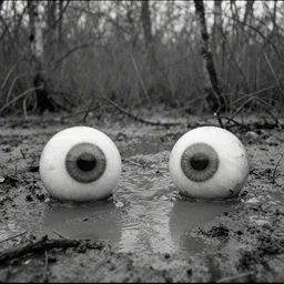 movie still by tarkovsky of gigantic eyesballs floating on mud pond, swamp backround, cinestill 8 0 0 t 3 5 mm b & w, heavy grain, high quality, noir, natural textures, photorealistic, ambient occlusion, hd, ultra wide lens, anamorphic