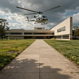 cinematic still of hyper detailed sidewalk realistic designed by frank lloyd wright architect, helicopters, deep perspective, wide angle, insanely detailed and intricate,