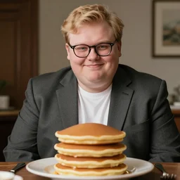 the chubby young blonde man was wearing a dark gray suit. he was smiling awkwardly. he wore glasses. he was made of pancakes.