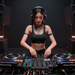 a centered photo of the most complicated and technical dj equipment being played by isabelledeltore, powerful, cinematic, beautifully lit, by artgerm, by karol bak, 3 d, perfect face and body, trending on artstation, octane render, 8 k