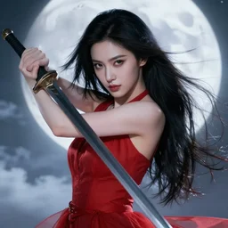 a beautiful fierce long black haired woman wearing red dress wielding black sword posing gracefully heroically, heavenly moonlit clouds background, close up shot, artstation, extremely detailed woman, stunning volumetric lighting, hyper realism, fantasy 4k