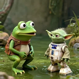 pepe the frog and r 2 d 2 meeting yoda in a swamp on dagobah, a scene from'the empire strikes back ', cinematic, hyper realistic,