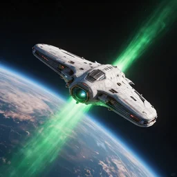 interstellar alienship with green flaire attacks a planet, high detailed, cinematic compostion, artstation trending