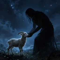 silhouette of a god man creating a lamb against the background of a starry sky, hyper realism, mystery, scared, fantasy, dark, highly detailed, digital painting, concept art, sharp focus, illustration, epic light, artstation digital art painting, dream wave aesthetic, ethereal, epic