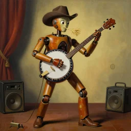 country bumpkin robot, playing a large banjo, straw in his mouth, standing on a speaker, fantasy, mystical, high detail, style of salvador dali, on a stage, painting by rene magritte, trending on artstation, cyberpunk, style of michael cheval, hyper realistic, s, 8 k