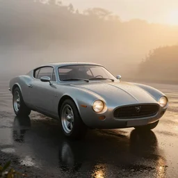parked retro futuristic vintage car, fog, rain, volumetric lighting, beautiful, golden hour, sharp focus, highly detailed, cgsociety