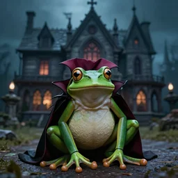 frog posing as a vampire in gothic clothing in front of a gothic house