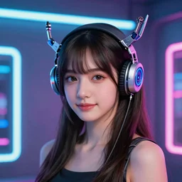 portrait of a cute young woman with robot ears, 4k, sharp focus, neon colored fluorescent lighting, Andreas Rocha