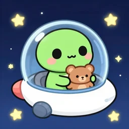 cute cartoon alien in spaceship surrounded by stars, holding a teddy bear