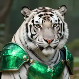 a beautfiul award winning commission of a albino tiger wearing emerald armour,digital art,detailed face,art by greg rutkowski,ross tran,artgerm,character deisgn by charles bowater,artstation,deviantart,aesthetic,relaxing atmosphere