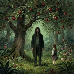 the apple tree man lives in a secret garden. a girl holds a key. folk horror art style