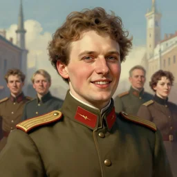 portrait of young and happy bolshevik leader nadezhda konstantinovna krupskaya, colourised, fantasy, face portrait, epic, optimistic, military art, fantasy, hd shot, digital portrait, beautiful, artstation, comic style, by artgerm, guy denning, jakub rozalski, magali villeneuve and charlie bowater