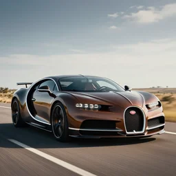 super realistic supercar brown bugatti on a road, 4k, 8k, hdr, full hd, high quality textures, high quality shadows, high quality lightning, intense world lightning, HDR, global illumination, post processed, hyperrealistic, photorealistic, photo realistic, realistic, detailed sky