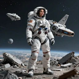 portrait of a female mecha astronaut alone on a distant planet with spaceship destroyed, octane render, trending on artstation, hyperrealistic, character photography