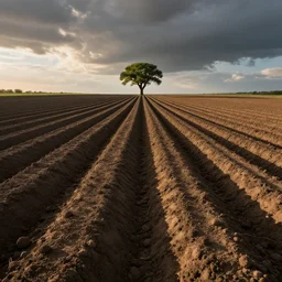 lines of soil potato field furrows, lines leading away from camera to a single point on the horizon, single beautiful tree on horizon