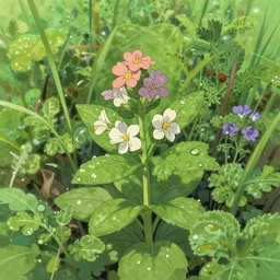 a small garden blooming with wildflowers and herbs, close up shot, illustrated by hayao miyazaki, detailed, dewdrops glistening on the leaves
