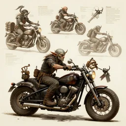 dungeons and dragons, goblin outlaw gang on motorcycles, concept art, players handbook, very detailed, mechanic, schematic, illustration, stats