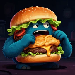 a burger monster eating a human, dark, digital art