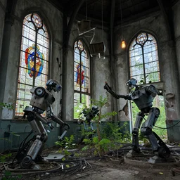 an abandoned church interior used as a factory for robots, stained glass, electrical wires, plants, trees, moody, broken walls, views to the outside, dirty, Edison lightbulbs.