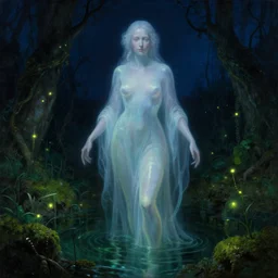 a close - up rococo portrait of a futuristic iridescent ghost phantom standing in water, moss, and swamp. fireflies night time. rich blue and deep emerald colors, high contrast. gloomy, highly detailed 1 8 th century sci - fi fantasy masterpiece painting by jean - honore fragonard, moebius, and johfra bosschart. artstation