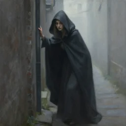 a painting of a woman in a dark cloak sneaking in an alley, an ultrafine detailed painting by magali villeneuve, featured on polycount, altermodern, dystopian art, mist, official art