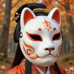 highly detailed digital painting featuring a character with ornately decorated porcelain geisha animal mask in an autumn forest, vibrant light, beautiful lighting. trending on artstation and behance.