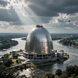 sci fi nuclear containment building in an expansive river valley with tree and a city in the distance, a sense of hope and optimism, birds overhead, stark light, day time, unsplash, national geographic, hd, high res