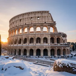 beautiful snowy landscape of rome with a majestic sunrise, art, high detail, high definition, photorealistic, hdr,