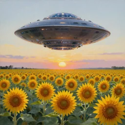 Ultra detailed oil painting of UFO above sunflower field at sunrise,