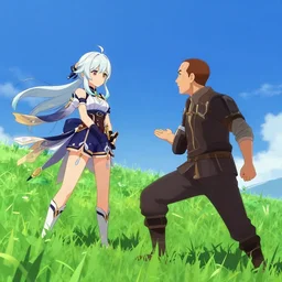 photorealistic Saul Goodman with brown hair meets a beautiful anime swordfighter girl with white hair on a bright green grassy hill with a deep blue sky in Genshin Impact, pixiv, game art, digital art, anime screenshot, kyoto animation, makoto shinkai, trending on artstation