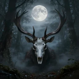 in the style of artgerm, steve niles, rafael albuquerque, wendigo in the forest emerging from the shadows, deer skull face, antlers, fog, full moon, moody lighting, horror scary terror
