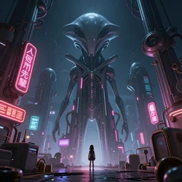 beautiful low angle 3 d render of an alien world with sleek architecture in the style of junji ito, steampunk, ultra detailed, broken neon signs, a tiny girl watching on, elegant, artstation, dramatic lighting, glowing light and shadows, trending on artstation, octane render
