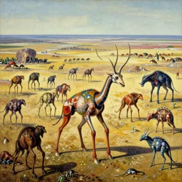 gigantic long - legged surreal creatures of the great wild plains, hd photograph painting surreal trippy numerous beasts on an open plain, sharp focus, grainy 3 5 mm texture, golden hour lighting, huge herds of vicious organisms, horizon vast biodiverse valley, painted by salvador dali with colorful pastel oils chalk, joan miro expressionism brutalist basquiat style
