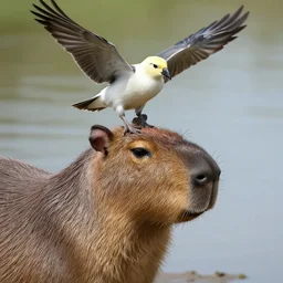 award winning photo of a bird at the head of a capybara