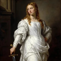 miranda otto as eowyn, wearing a white dress, holding a sword, painting by michelangelo, classical, realism, renaissance