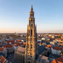 an extremely detailed panoramic photo of the utrecht dom tower. picture taken from a high altitude at sunset with a wide angle lens
