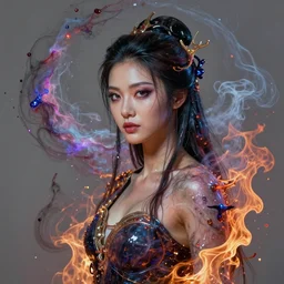goddess portrait ,drawn in water ,fire,smoke,hyper realistic,photo real, concept art, nebulas trail as she moves highly detailed, hdri, 4k -