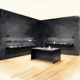 a watercolor ink painting by jean giraud moebius of a organic sensual warm inviting experiential design flagship samsung store, black walls. timber floor. low ceilings with spots. curved furniture, with large digital screen. display tables with phones and tablets, pots with plants, large digital screens on the walls. high resolution
