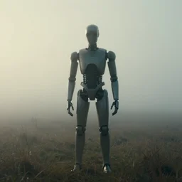 this is a depiction of an android in a landscape lost in mist, with a theme of let there be light.