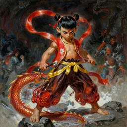 A beautiful oil painting of Nezha fighting a Chinese dragon, by Frank Frazetta, Greg Rutkowski, Boris Vallejo, epic fantasy character art, high fantasy, Exquisite detail, post-processing, low angle, masterpiece, cinematic